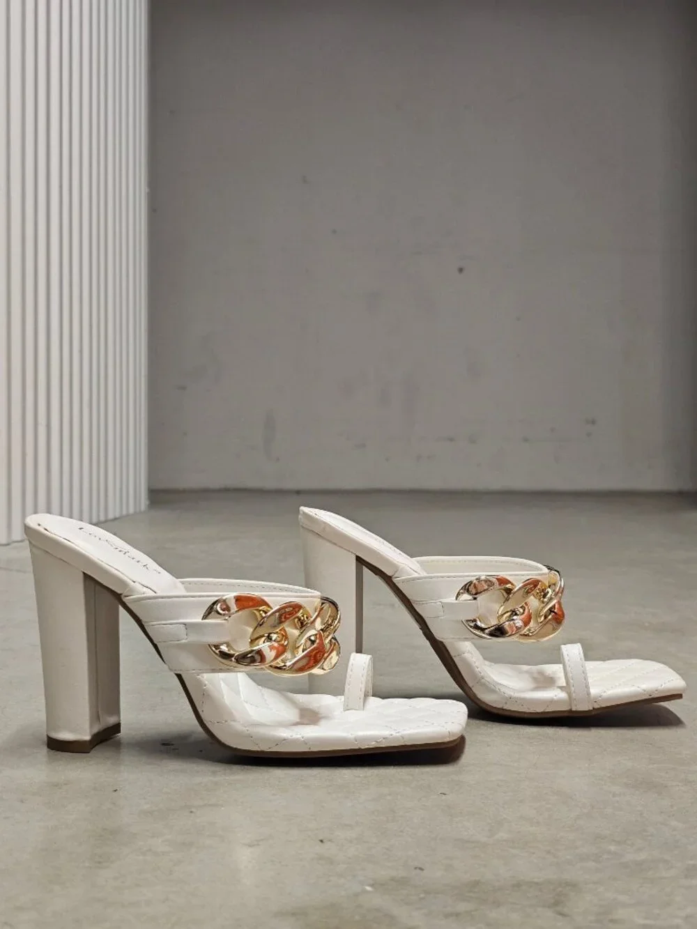 Quilted Chain-Embellished High Heel White Sandals With Square Toe Design